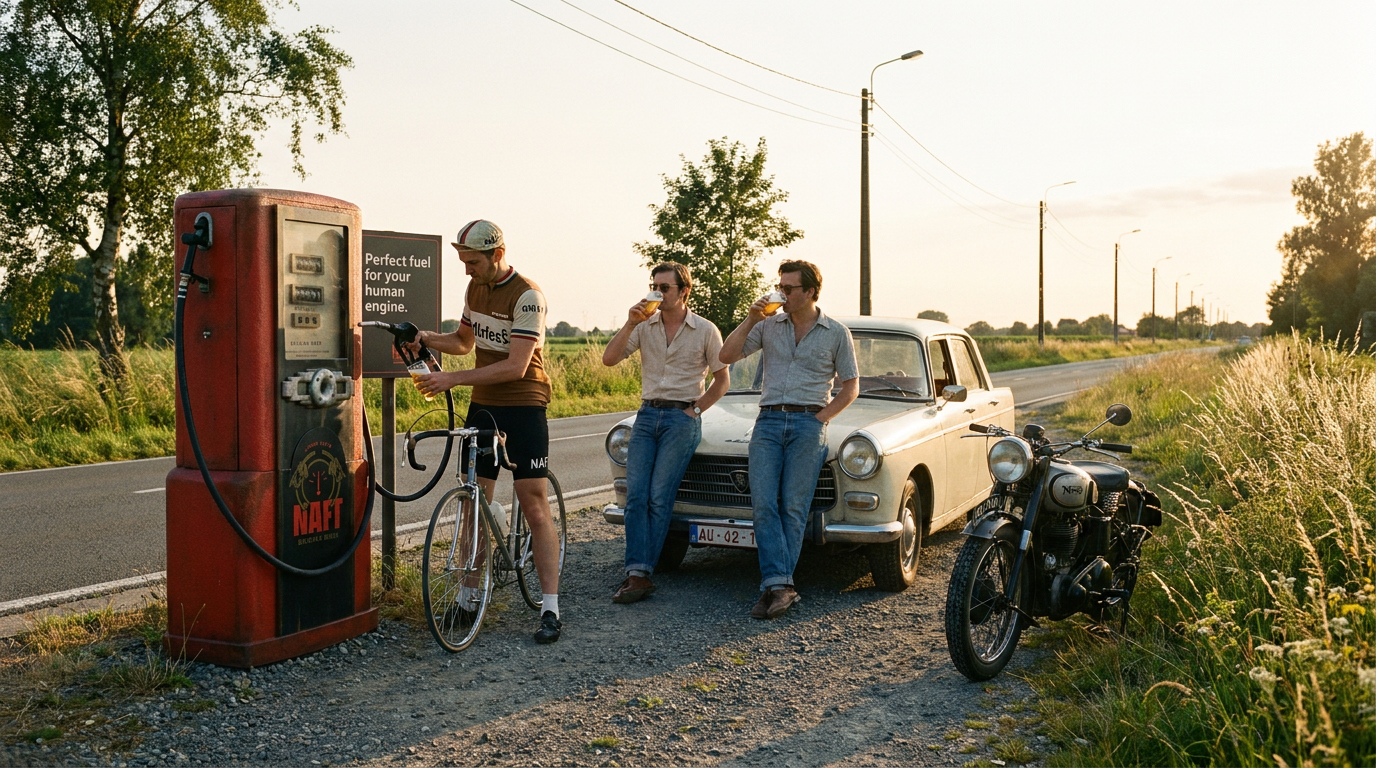 Drie mensen bij een oude benzinepomp langs de weg met een auto en een motorfiets, terwijl ze bier drinken en een fietser tankt. Mensen drinken een naft bier. Ipa naft.