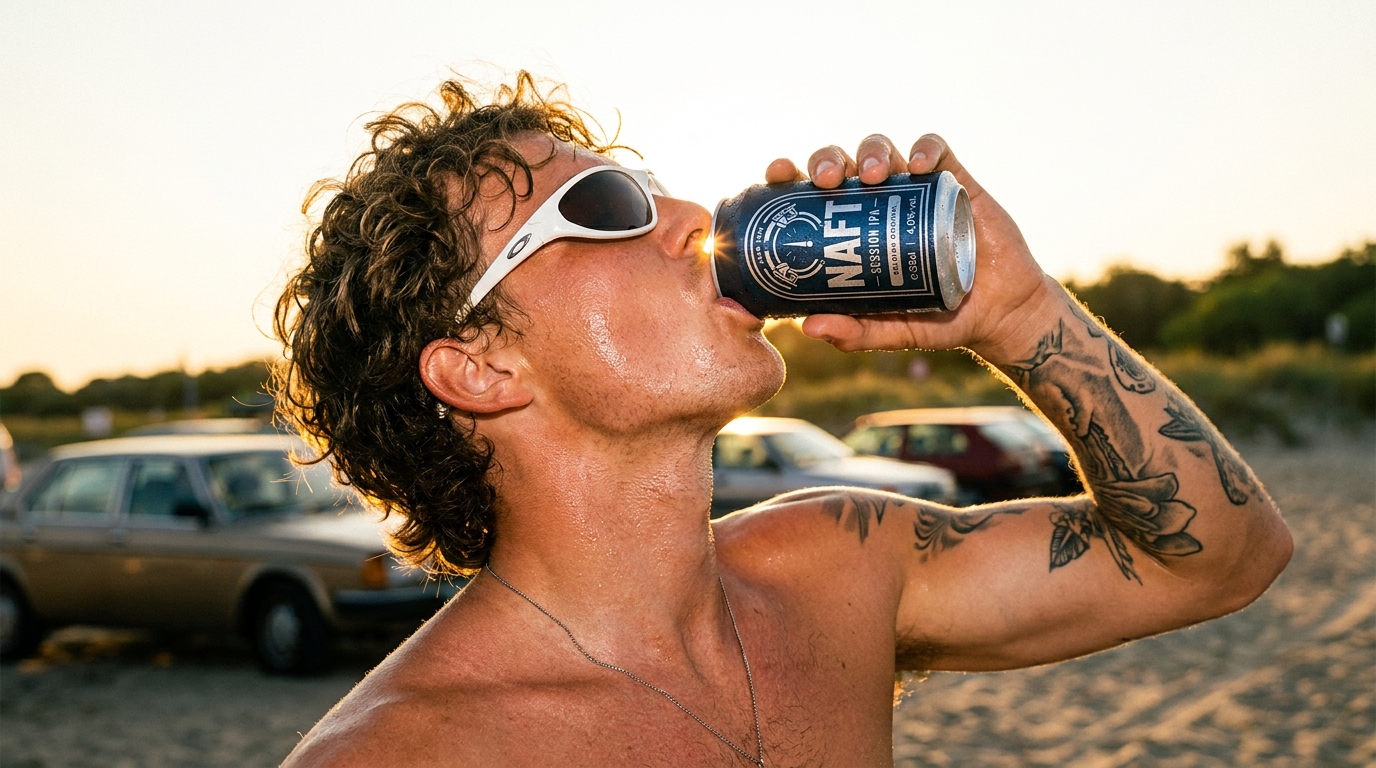 Man met tattoo's en water op de huid drinkt een blikje NAFT tijdens zonsondergang op het strand, draagt zonnebril.