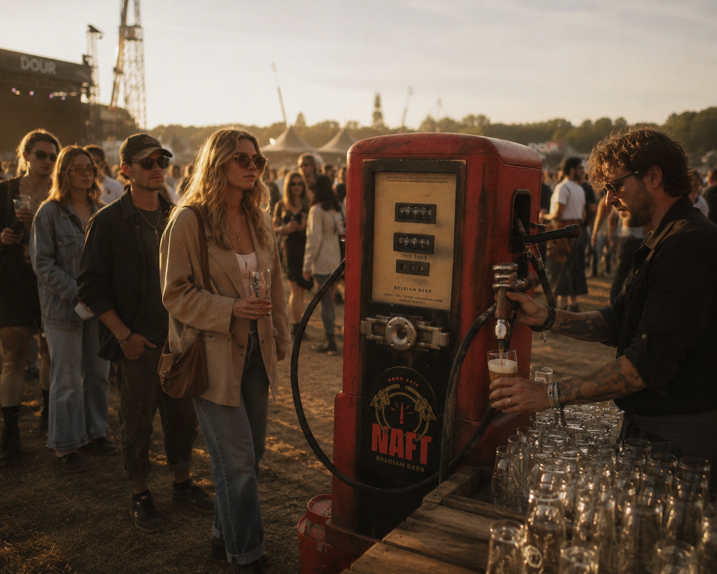 Mensen staan in een rij bij een oude benzinepomp die beer tapt tijdens een festival, met een uitgebreide menigte op de achtergrond en kraanlaraien in de verte. Mensen drinken een naft bier. Ipa naft.