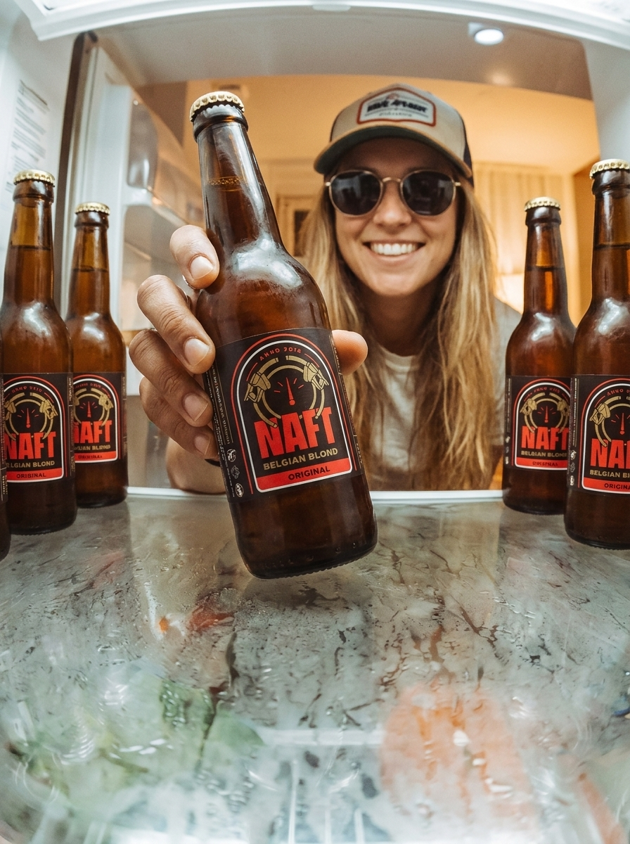 Een glimlachende vrouw met zonnebril en pet, die een fles Belgisch blond biertje vasthoudt, omgeven door meerdere biertjes in de koelkast. Mensen drinken een naft bier. Ipa naft.