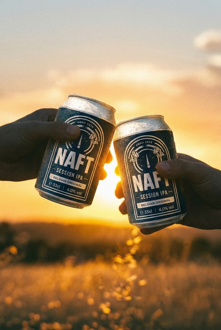 Twee handen die elkaar een toast geven met blikjes NAFT Session IPA bier tijdens zonsondergang. Mensen drinken een naft bier. Ipa naft.