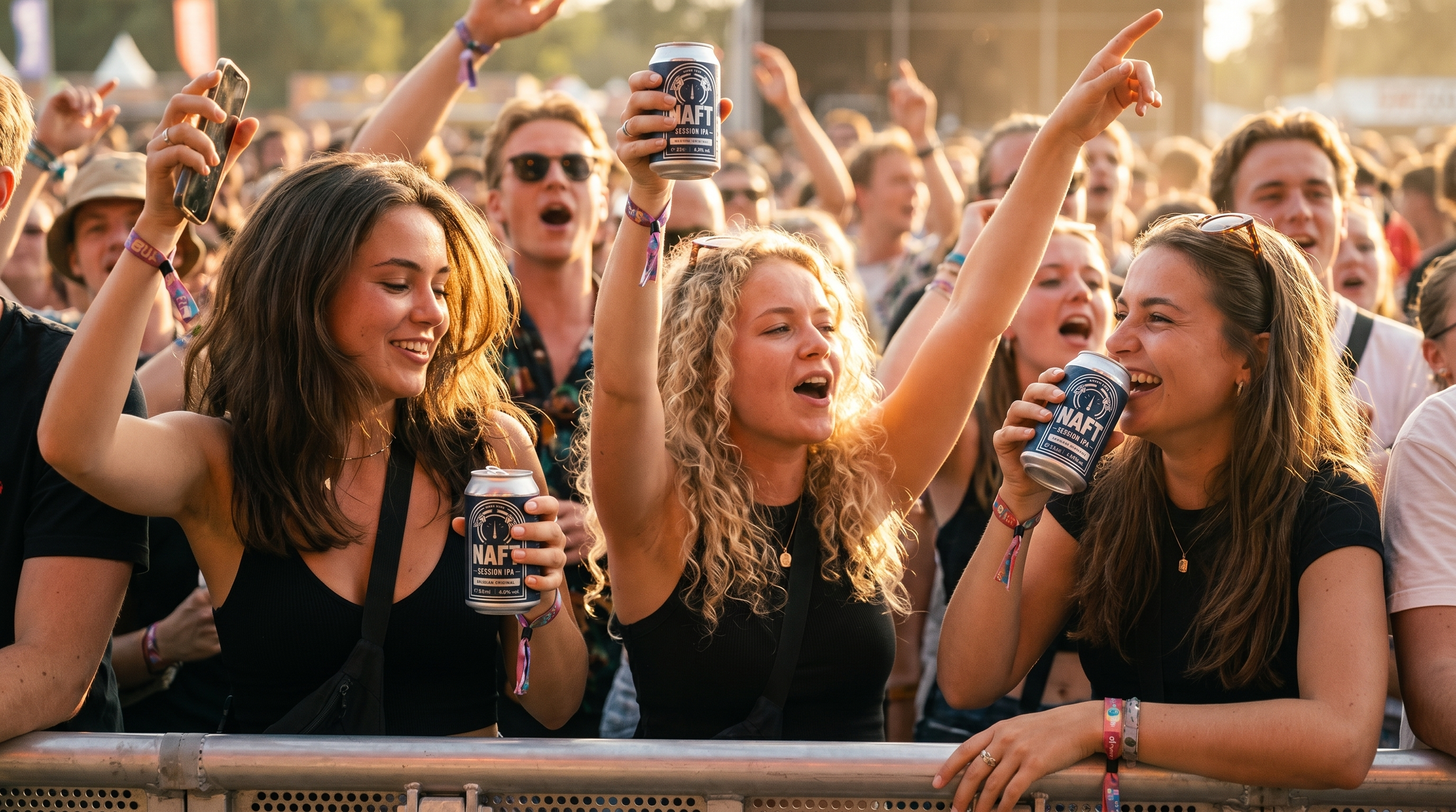Festivalpubliek die feestviert met drankjes en lachen in de zon. Mensen drinken een naft bier. Ipa naft.