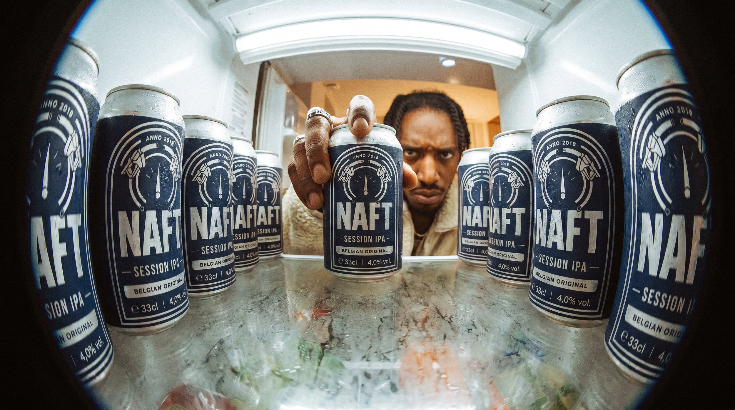Een man kijkt door de koelkast naar ingepakte blikjes NAFT Session IPA bier, met de hand die één blikje vasthoudt. Het blikje heeft een zwart en wit label met de tekst 'NAFT' en 'Session IPA'.