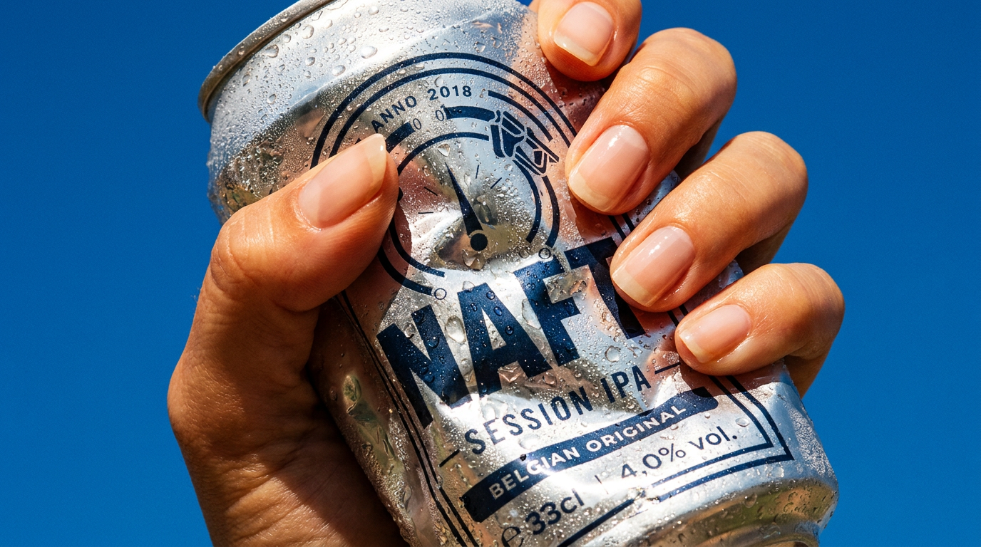 Hand die een koele blik NAF NAF Session IPA vasthoudt met waterdruppels, tegen een blauwe lucht. Mensen drinken een naft bier. Ipa naft.