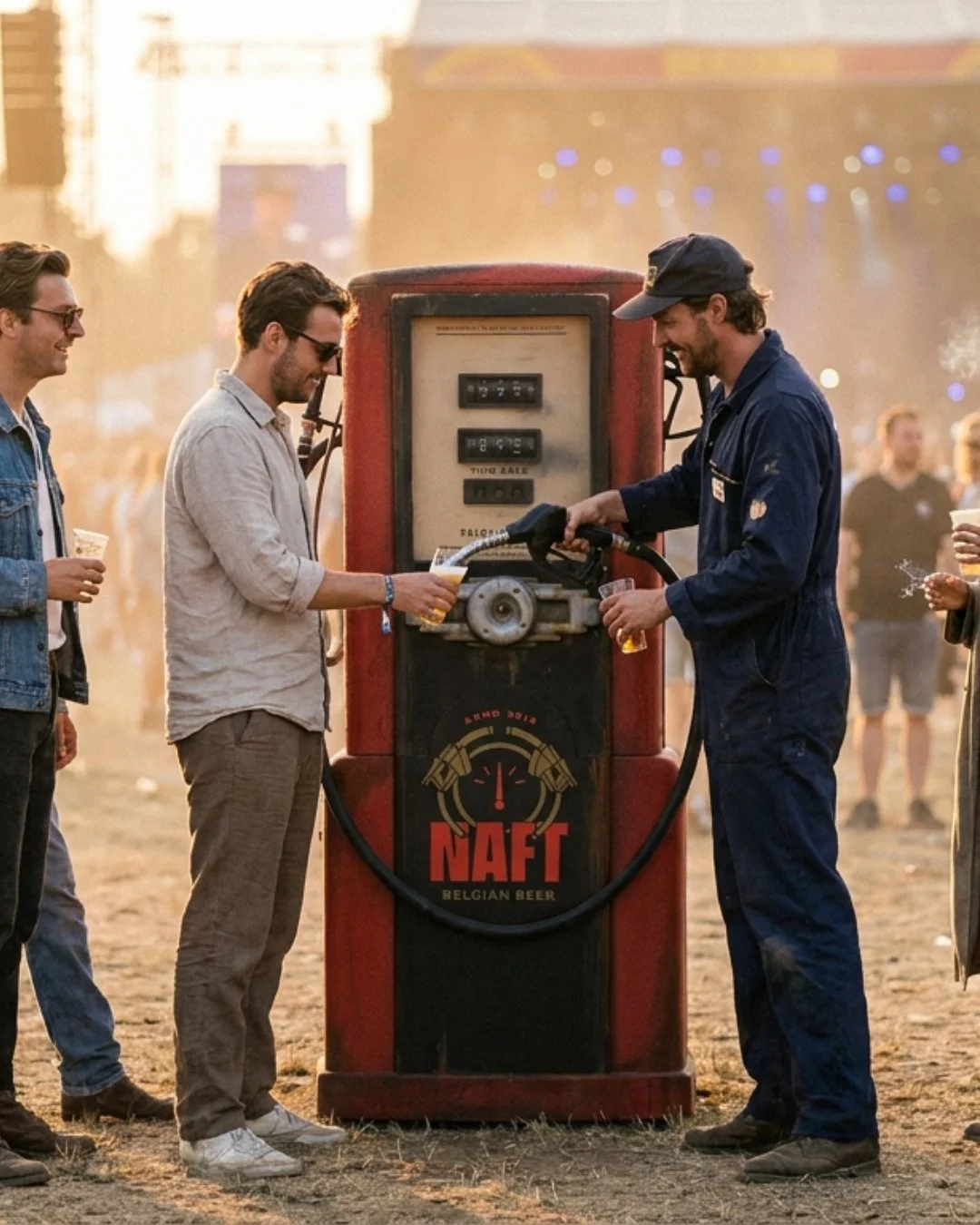 Vrouwen en mannen vullen hun bekers bij een oude, rode gasstationpomp die reclame maakt voor NAFT Belgian Beer in een festivalomgeving.