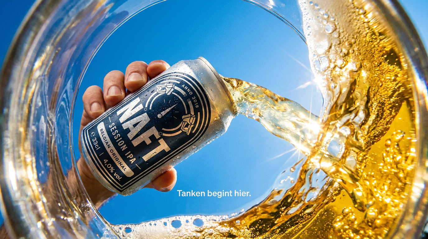 Een hand die een blikje NAFT straight from the can giet in een glas, met een blauwe hemel op de achtergrond, gouden bier schuim en Partikels in het bier.