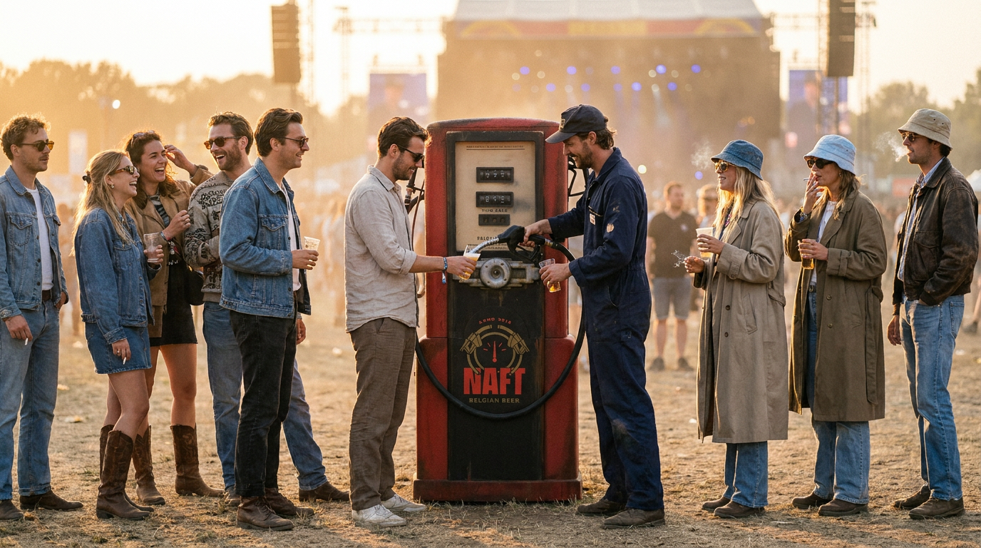 Een groep mensen staat in een rij, lachend en drinkend uit plastic bekers, terwijl ze een oude zelfbedieningsbierautomaat bedienen op een festival, met een podium en tenten op de achtergrond tijdens zonsondergang. Mensen drinken een naft bier. Ipa na