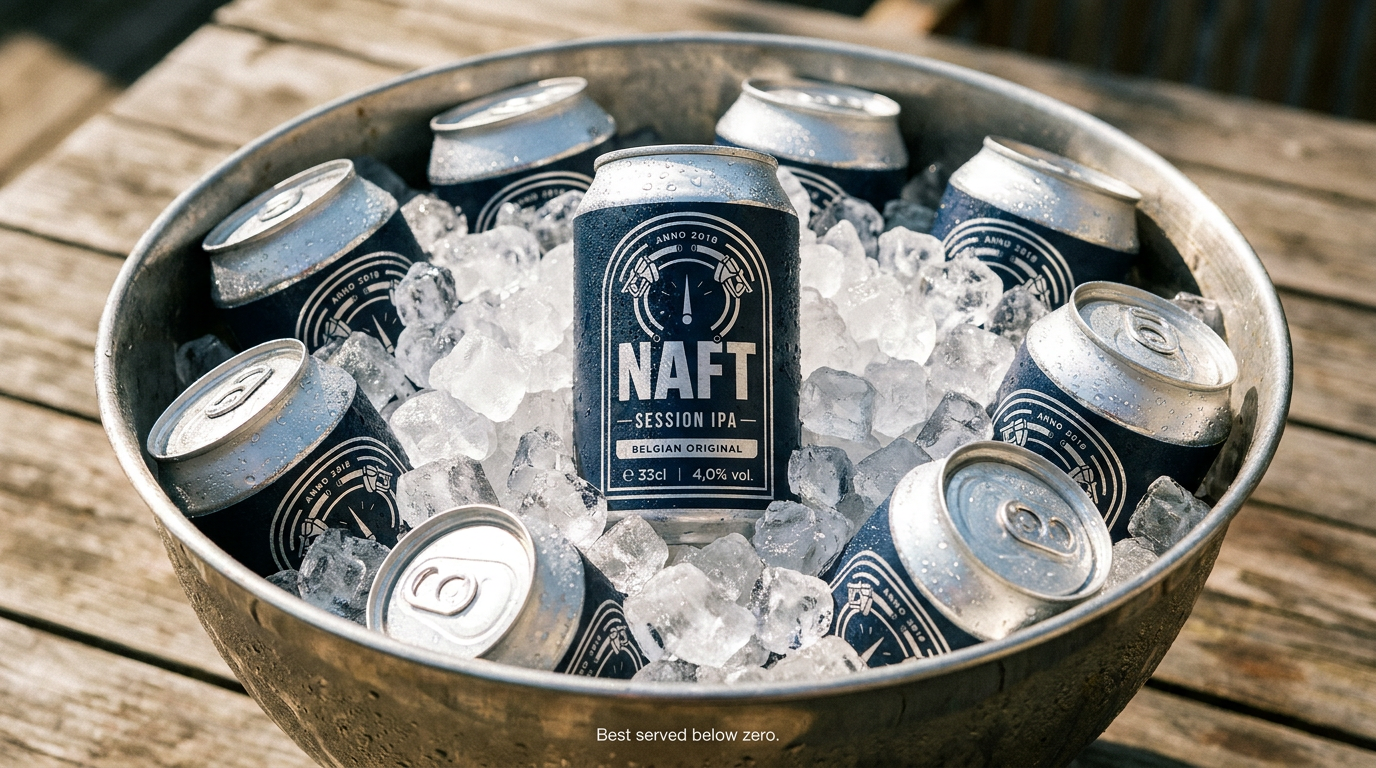 Een metalen bak met ijs, gevuld met cans van NAFT Session IPA bier. De cans zijn donkerblauw met zilveren bovenkant en label.
