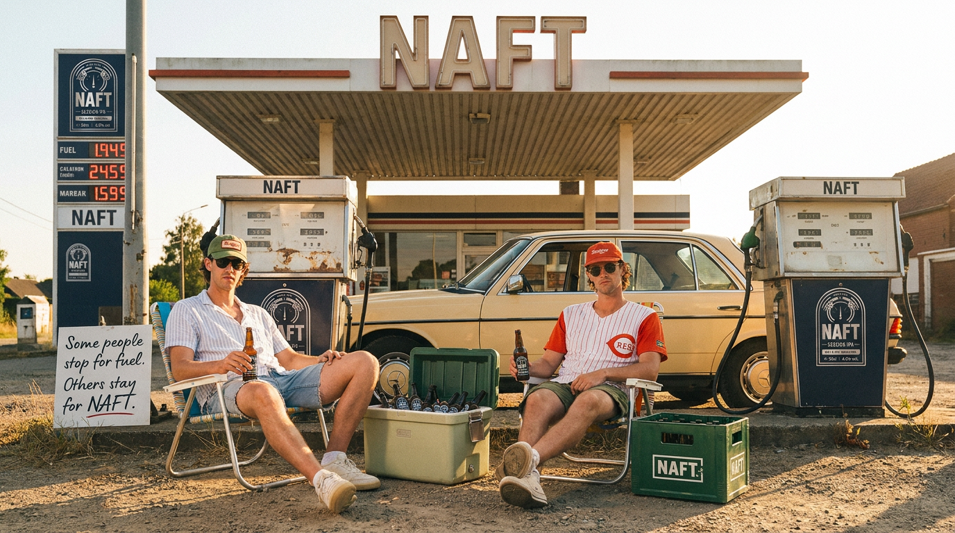 Twee jonge mannen zitten relaxend op stoelen bij een benzinepomp met een oude auto op de achtergrond. Ze drinken bier en er is een open koelbox met blikjes. Een bord zegt 'Some people stop for fuel. Others stay for NAFT.'