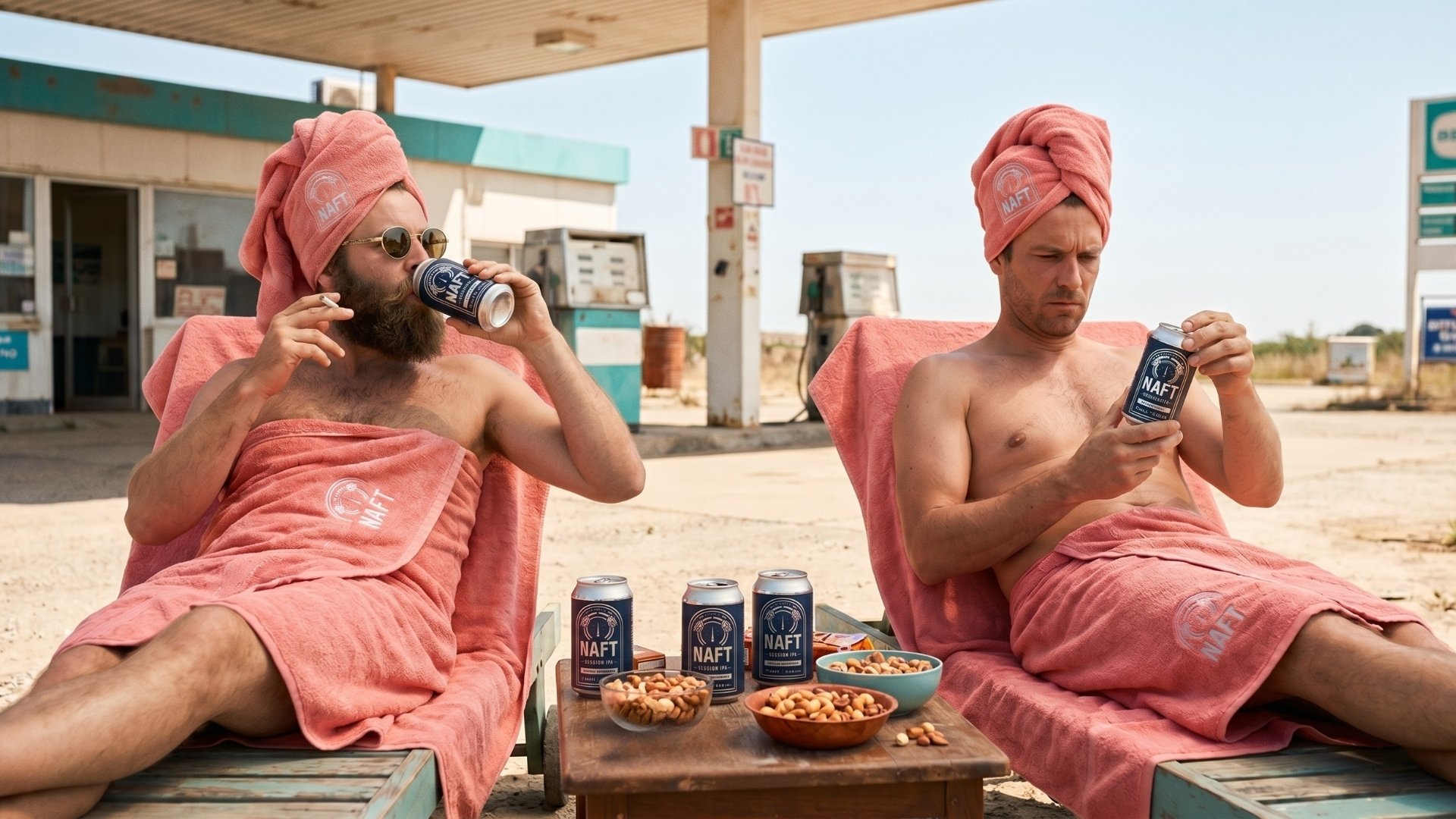 Twee mannen liggen op ligstoelen op het strand, beide met een roze handdoek en handdoek om hun hoofd. Ze drinken NAFT-bier en hebben snacks voor zich. Een tafel met meer snacks en NAFT-bieren is tussen hen in. De man aan de linkerkant heeft een baard en draagt ronde zonnebrillen, de man aan de rechterkant heeft geen baard en kijkt naar zijn drankje.