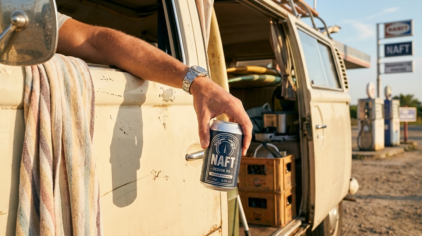 Persoon houdt blikje NAFT Session IPA uit een rechthoekig raam van een oud, geel busje met open schuifdeur, op een tankstation met andere benzinepompen in de achtergrond. 
