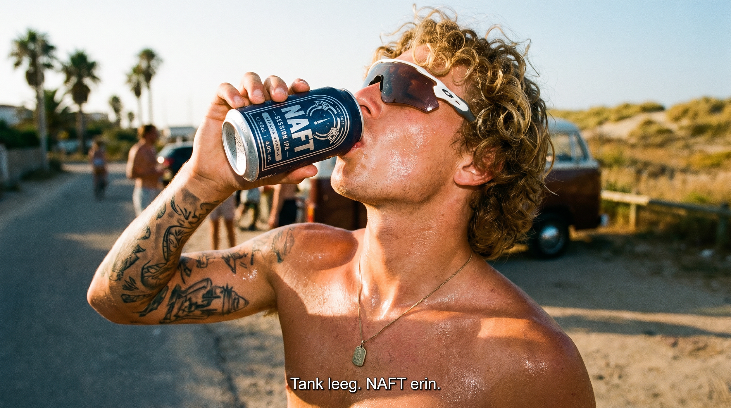 Man met blonde, krullende haar drinkt uit een blikje, zonder tank in zijn lichaam, op een zonnige dag buiten. Hij draagt zonnebril en een ketting, met opvallende tattoos op zijn arm en schouder. Er zijn palmbomen en andere mensen op de achtergrond. 