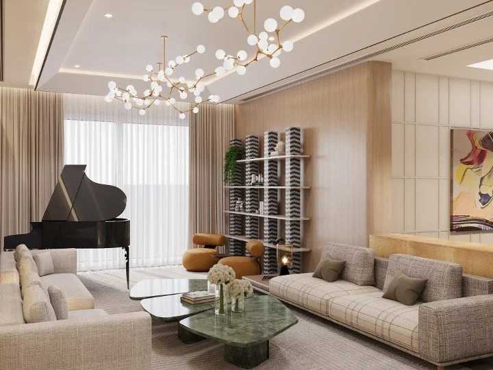 Modern living room with a grand black piano, a beige sofa set, a marble coffee table, and decorative shelving with vases. Elegant chandelier and large windows with curtains.