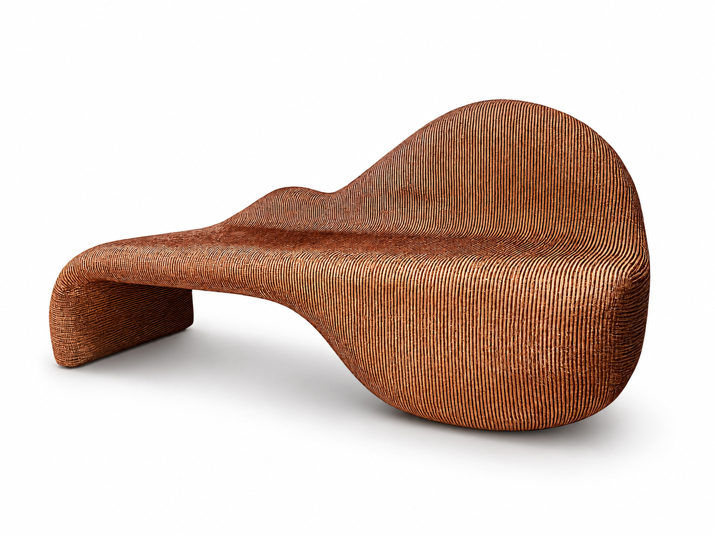 Modern wooden bench with a flowing, organic shape and vertical wood grain pattern.