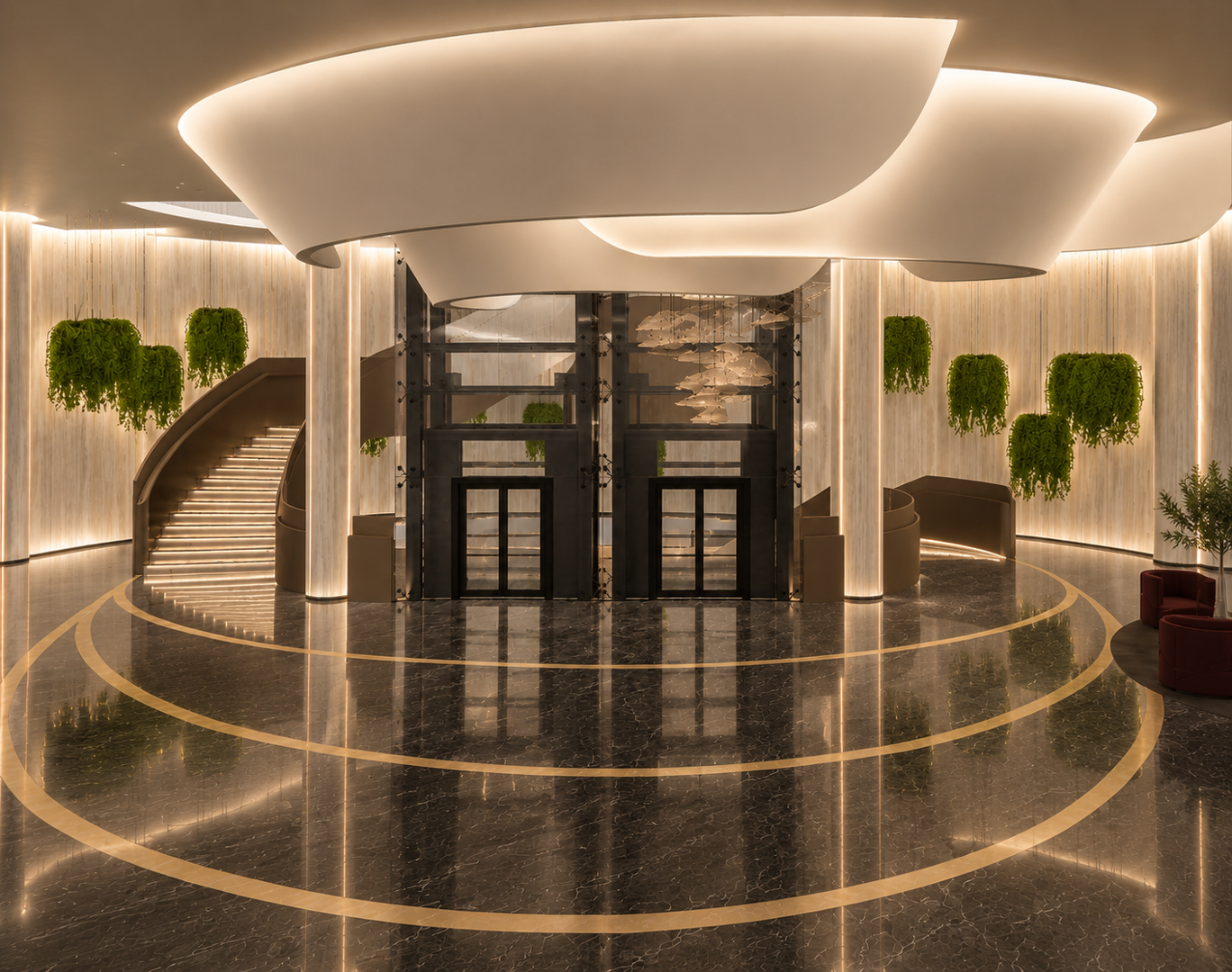 Modern hotel lobby with a circular marble floor, lit-up staircase, elevator doors, hanging green plants, and contemporary lighting fixtures.