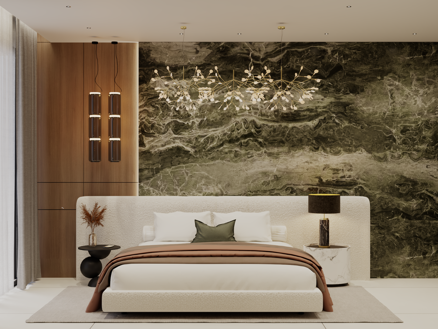 Modern bedroom with a textured white bed, dark green pillow, beige and brown bedding, marble side table with black lamp, abstract marble wall, wooden closet, and decorative ceiling chandelier.