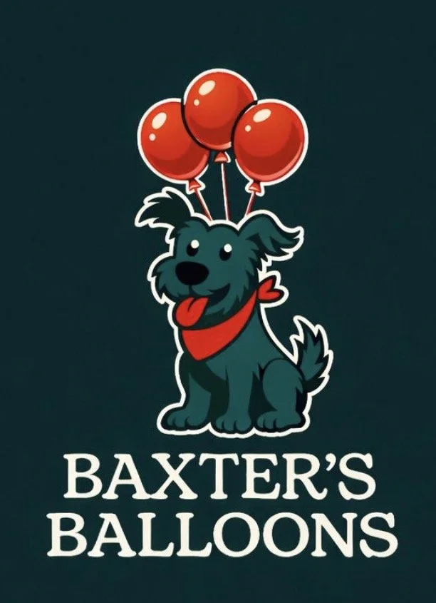 A cute cartoon black dog with a red bandana, sitting and smiling with its tongue out, holding three red balloons, with the text "Baxter's Balloons" below.
