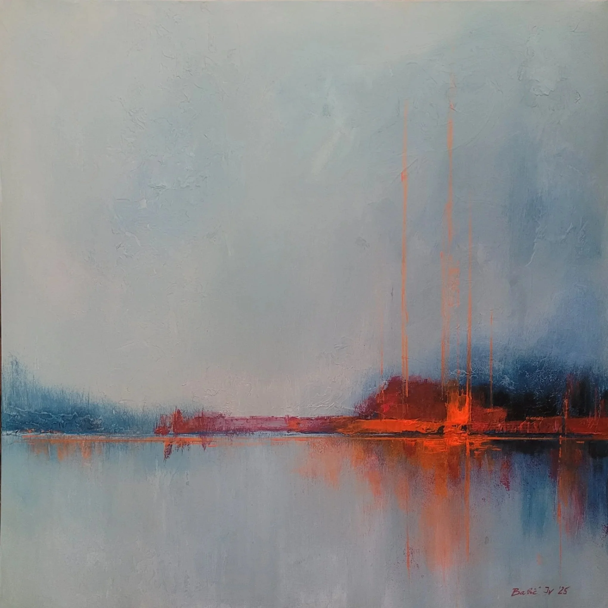 Minimal abstract landscape painting by Ivana Babic with soft blue tones, reflective water and warm orange accents on the horizon.