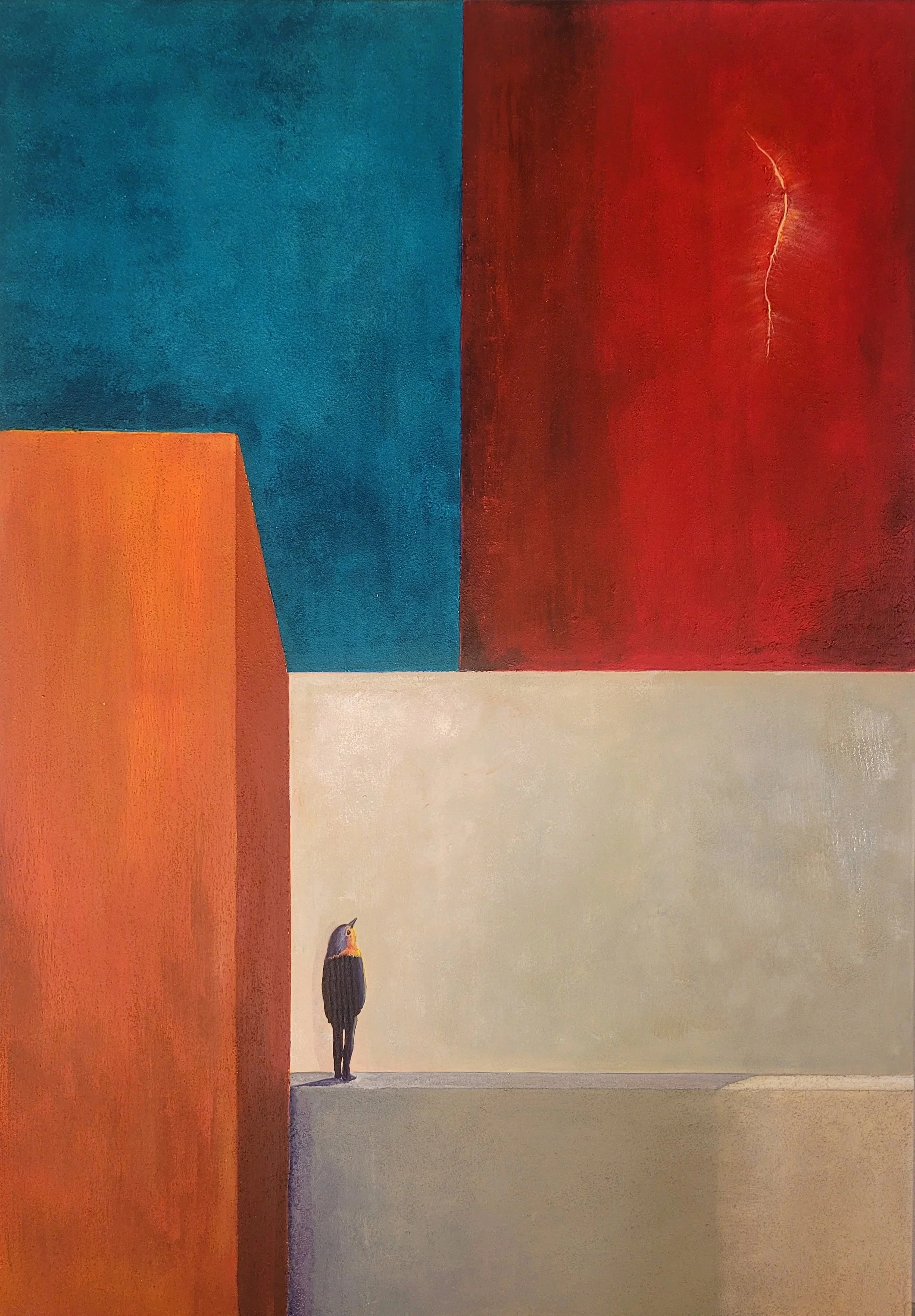 Symbolic acrylic and mixed media painting by Ivana Babic depicting a contemplative hybrid human-bird figure exploring identity, inner dialogue and inspiration.