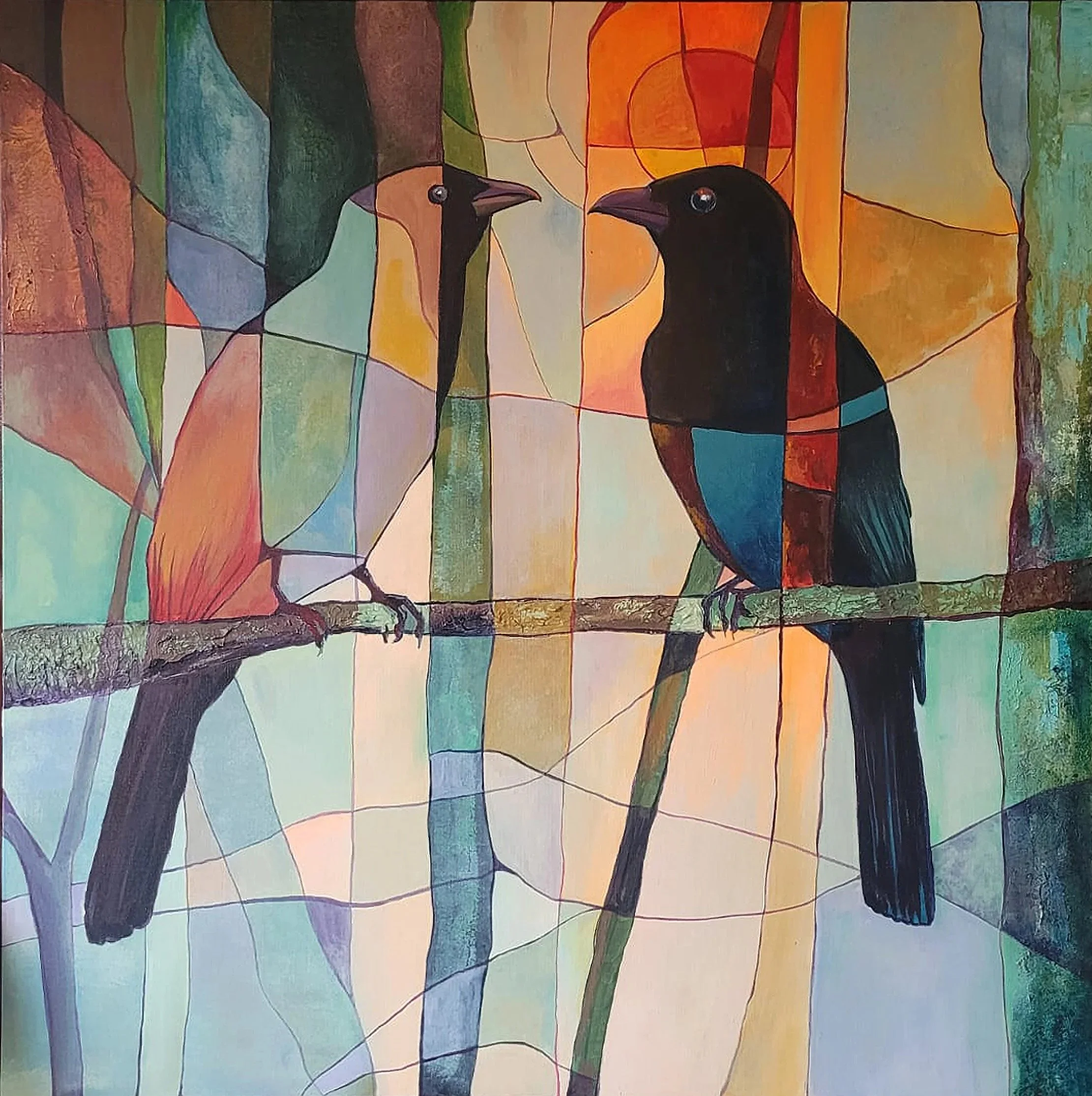 Symbolic acrylic painting by Ivana Babic depicting two birds in a fragmented landscape, exploring communication, companionship, and the hidden connections between beings.