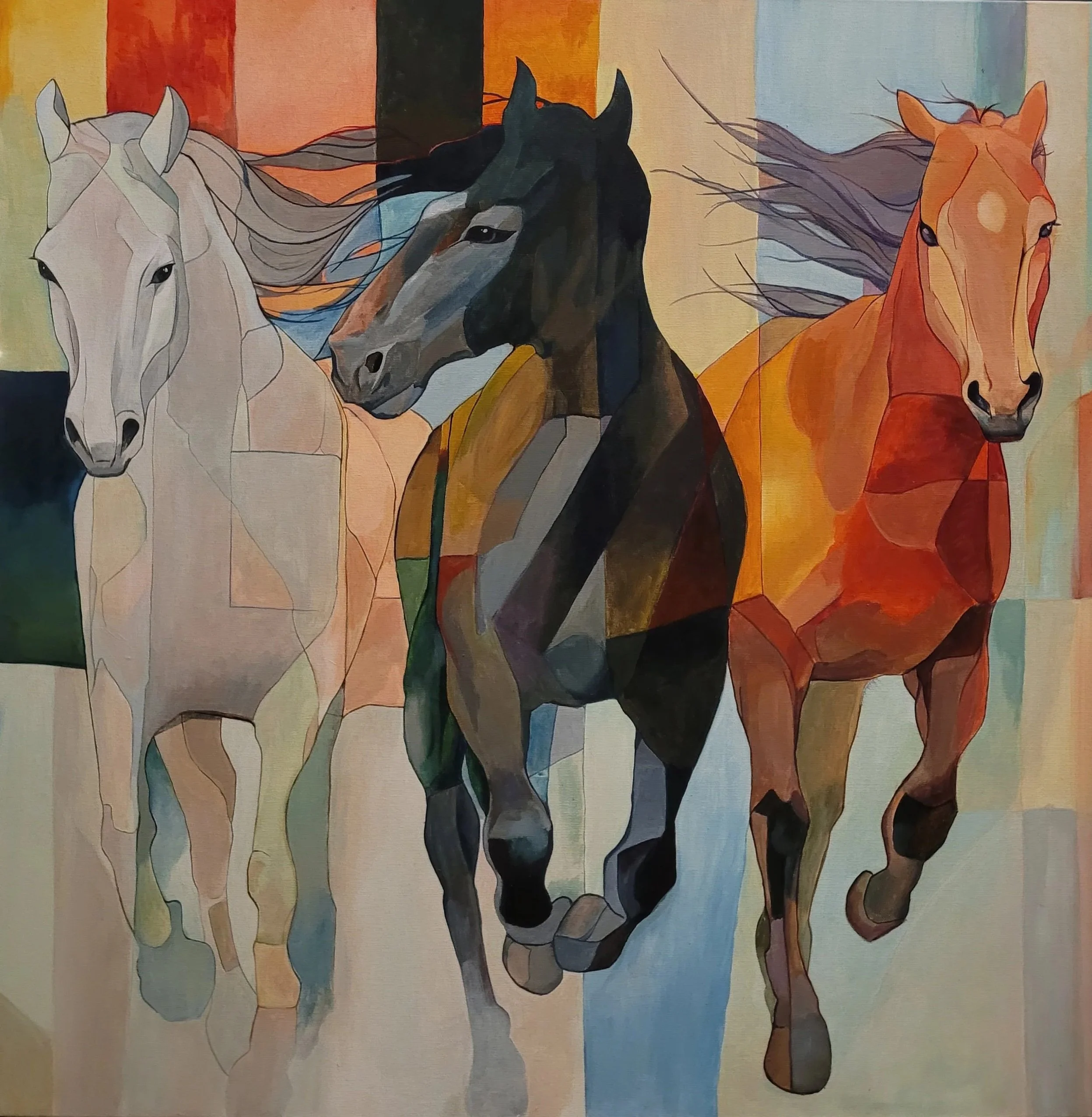 Contemporary acrylic painting by Ivana Babic depicting three horses in motion, symbolizing freedom, strength, vitality, and the untamed energy of nature.