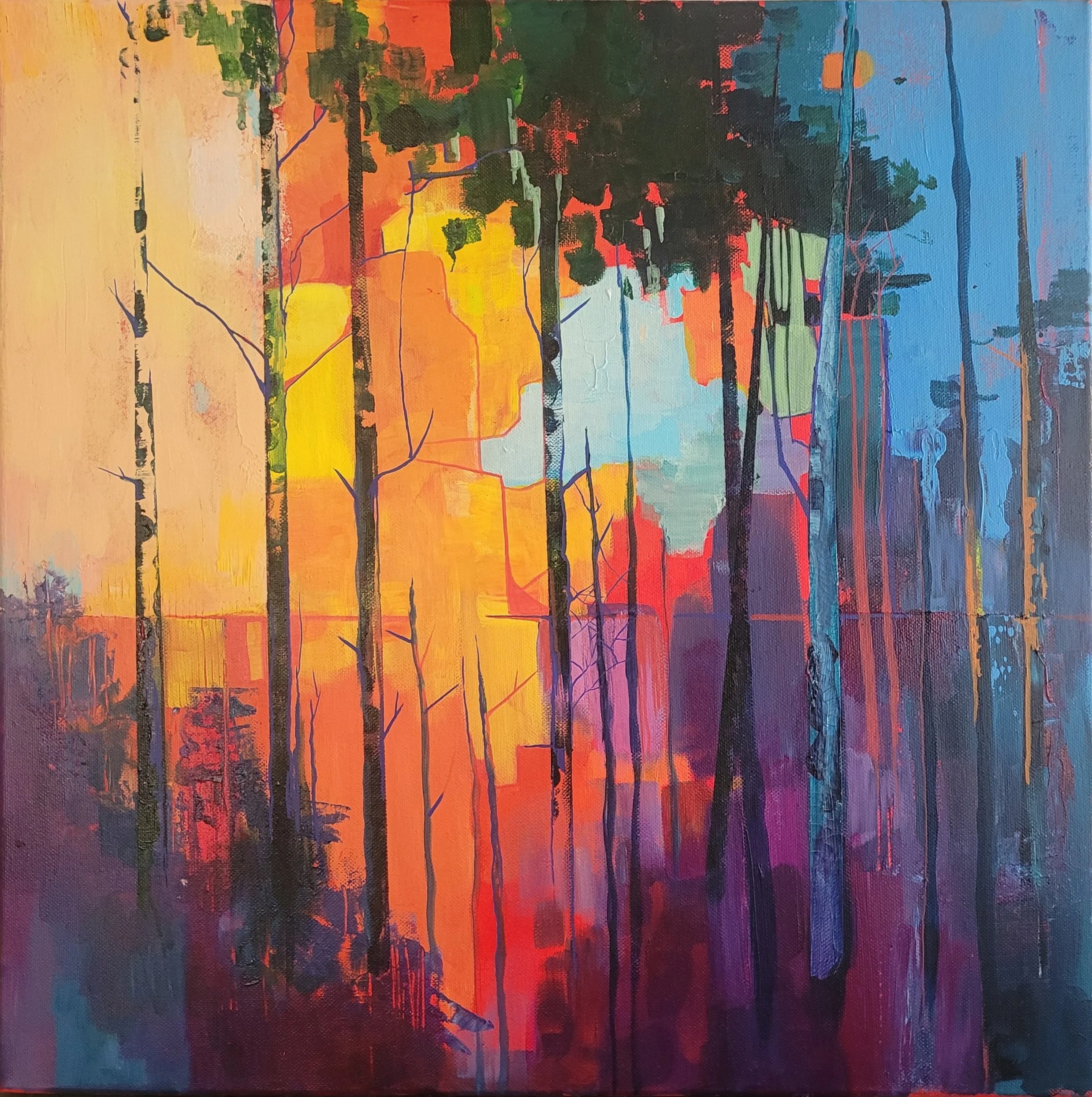 Abstract landscape painting by Ivana Babic inspired by a luminous forest, exploring light, memory, transformation, and the emotional connection between nature and the inner world.