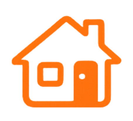 Symbol eines Hauses in orange mit einem Herz in der Mitte, stilisiert als Block- oder Pixelgrafik.