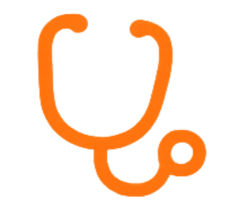 Symbol eines Stethoskops in orange auf rotem Hintergrund.