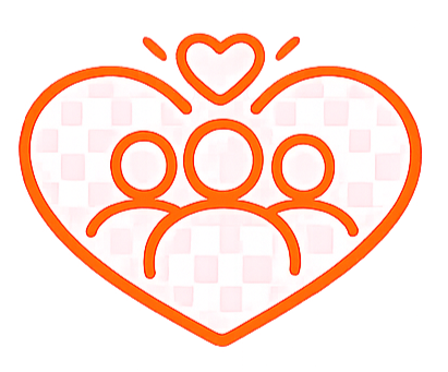 Herzförmiges Symbol mit drei Menschen und einem kleineren Herz darüber, symbolisiert Liebe oder Gemeinschaft.