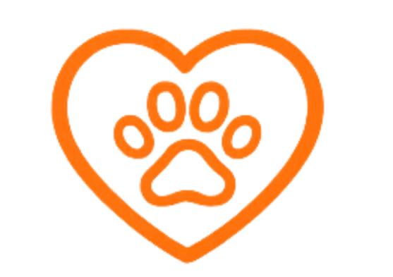 Herzförmiger Umriss mit Pfotenabdruck im Inneren, symbolisiert Tierliebe.