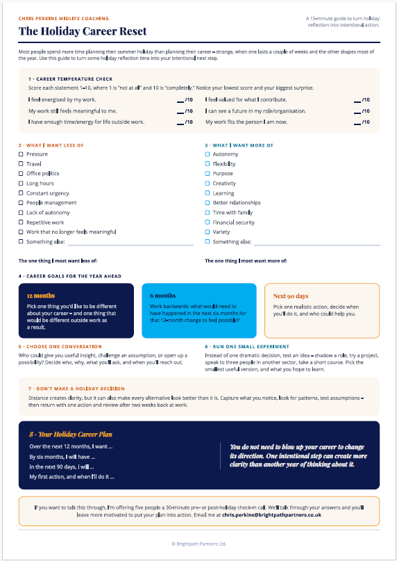 Image preview of Chris Perkins' 'Holiday Career Reset' worksheet with sections on career temperature check, what to want less of, more of, career goals, small experiments, holiday decisions, and future plans. Free to download.