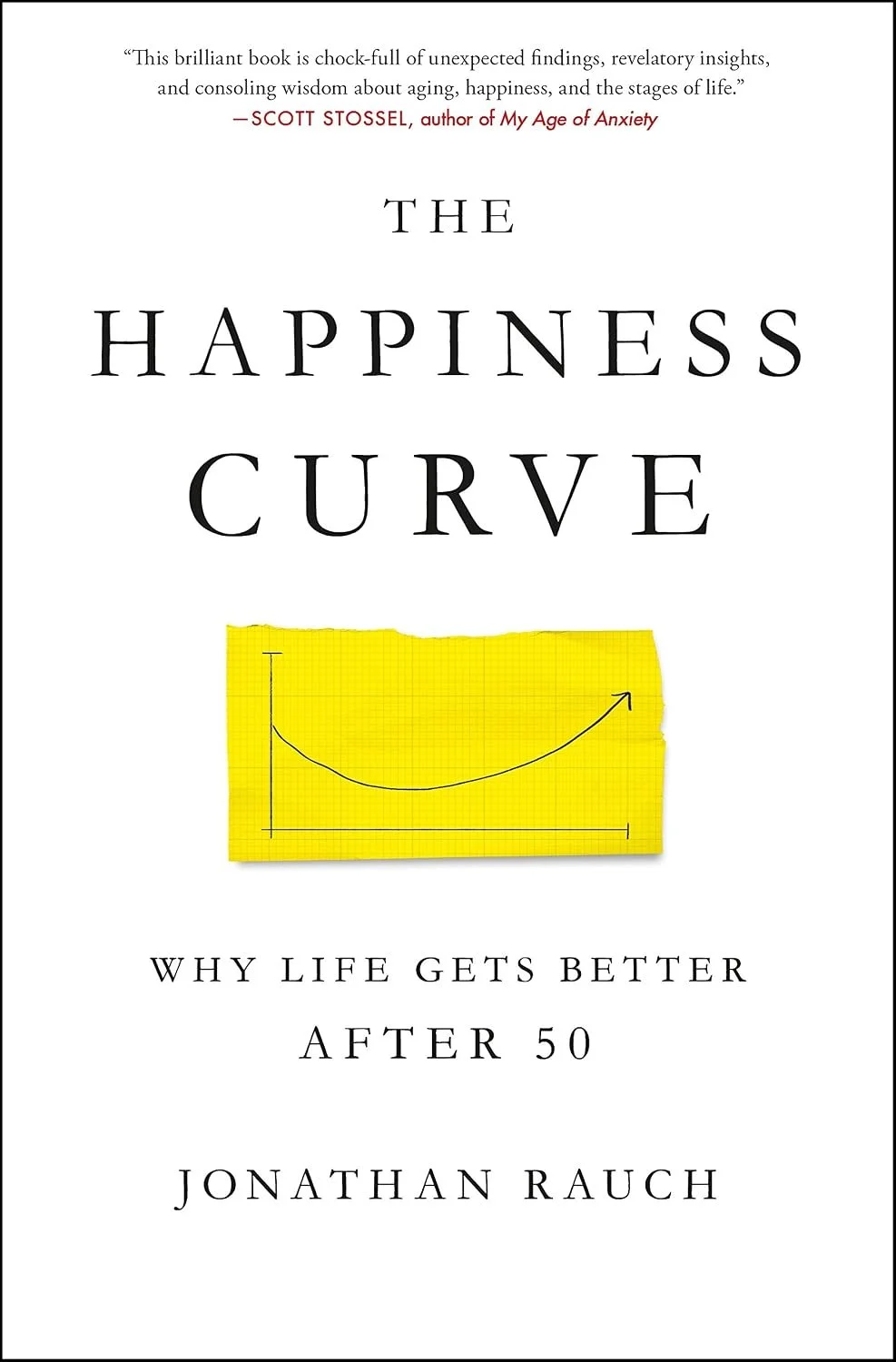 Book cover titled 'The Happiness Curve: Why Life Gets Better After 50' by Jonathan Rauch, with a quote at the top about the book's insights, and an illustration of a happiness curve on a yellow sticky note.
