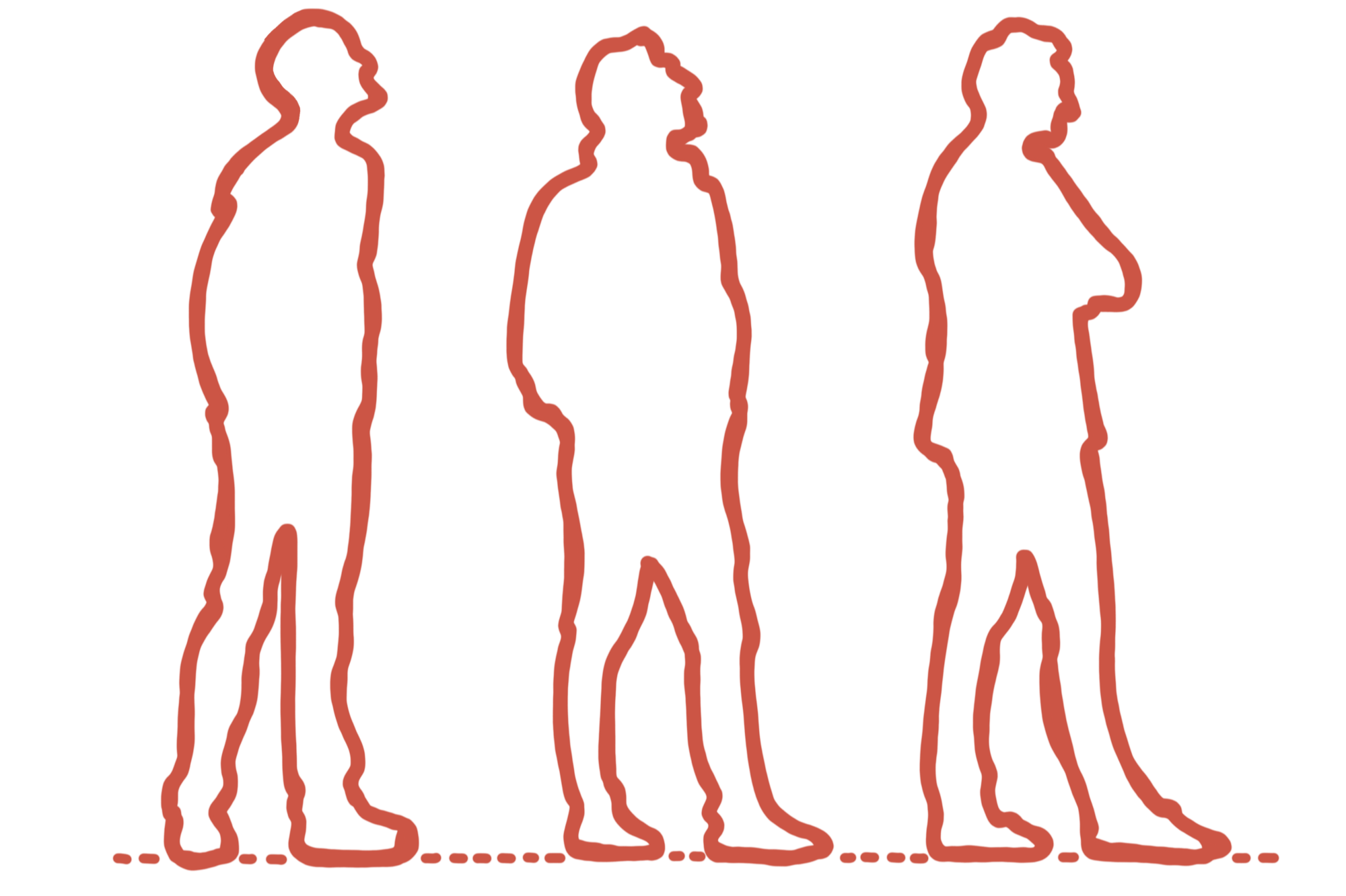 Verschillende gestileerde silhouetten van mensen in een rij, getekend met een dunne, bruine lijn op een witte achtergrond.