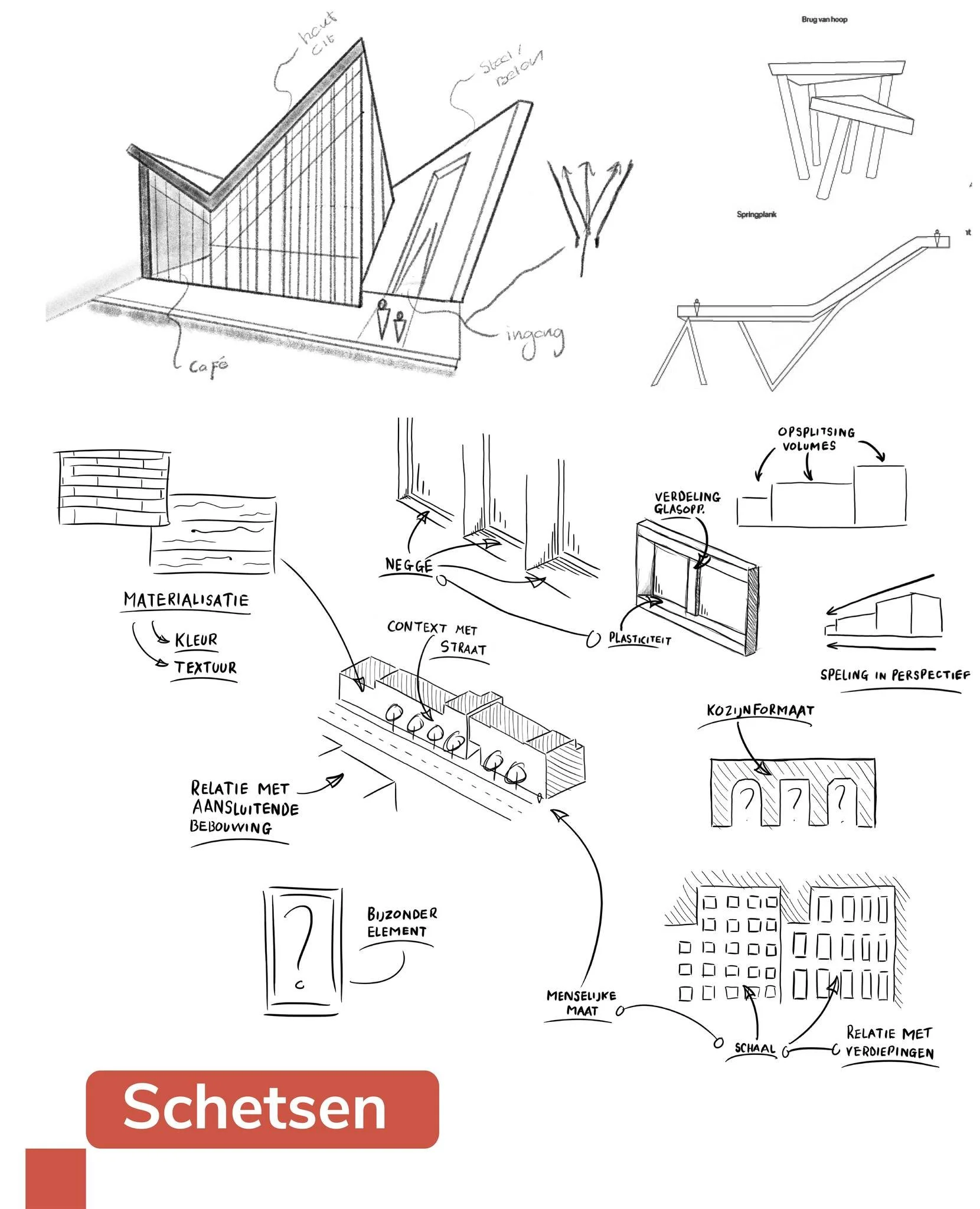 Van schets naar ontwerp

Voordat we een ontwerp digitaal uitwerken, begint het vaak met een aantal snelle schetsen. We onderzoeken verschillende vormen, verhoudingen, materialen en de relatie met de omgeving.

Niet alles hoeft direct goed te zijn. Ju