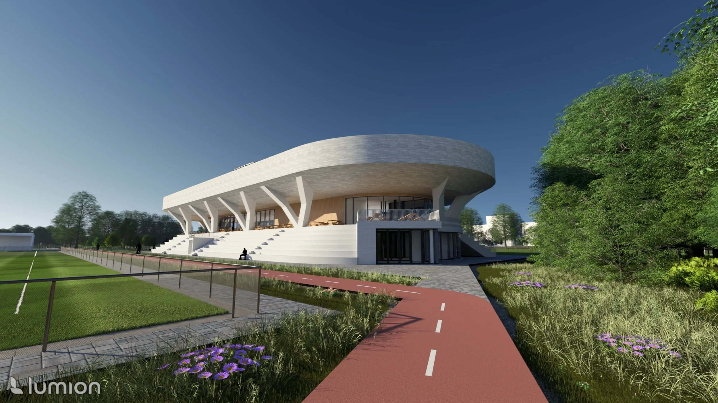 Moderne sportarena met een groot, gebogen wit dak en glazen gevel, omgeven door groene bomen, een wandelpad, en een sportveld met atletiekbaan.
