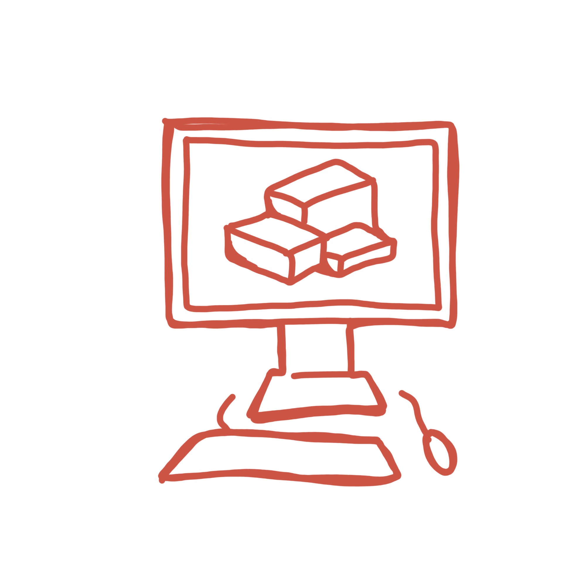 Een schematische tekening van een computer met een scherm dat inhoud toont die uit pakken bestaat.