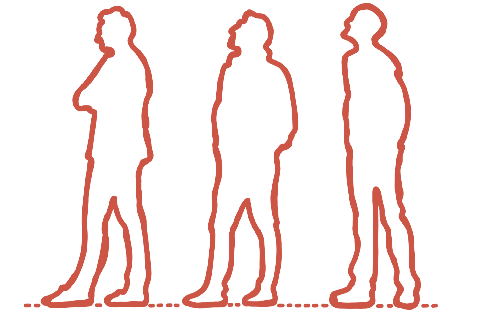 Verschillende gestileerde silhouetten van mensen in een rij, gemaakt met één doorlopende lijn, in een roodbruine kleur.