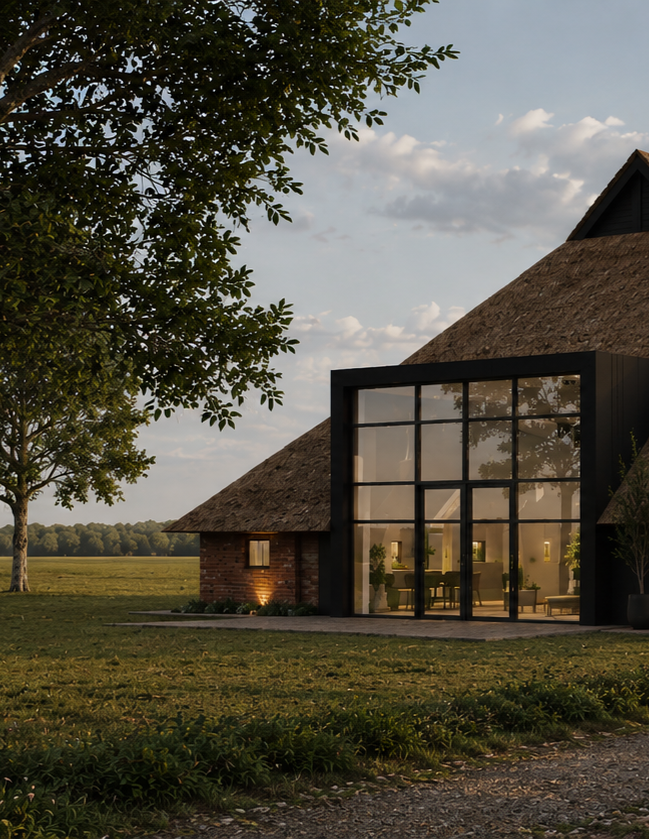 Modern woonhuis met grote glazen gevel, omgeven door groen en bomen, bij zonsondergang.
