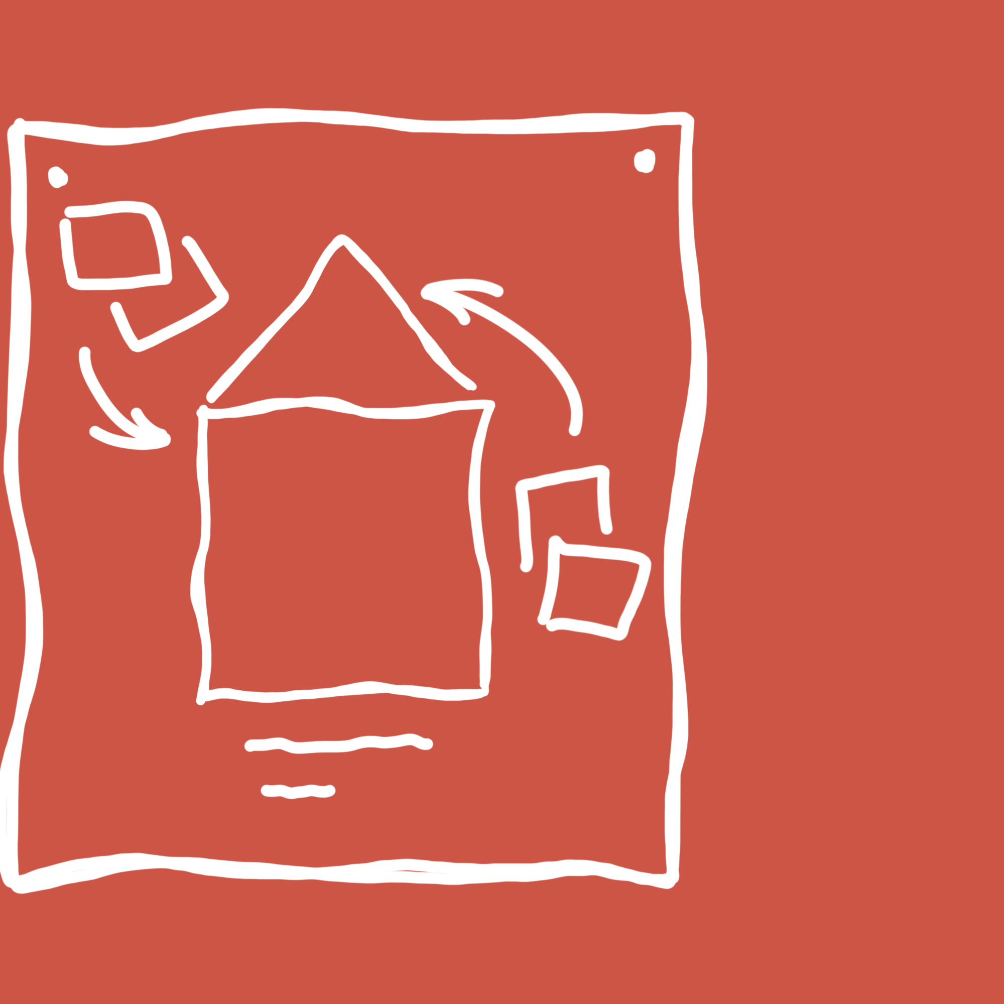 Een abstracte schets van een huis met eenvoudige witte lijnen op een donkerrode achtergrond.
