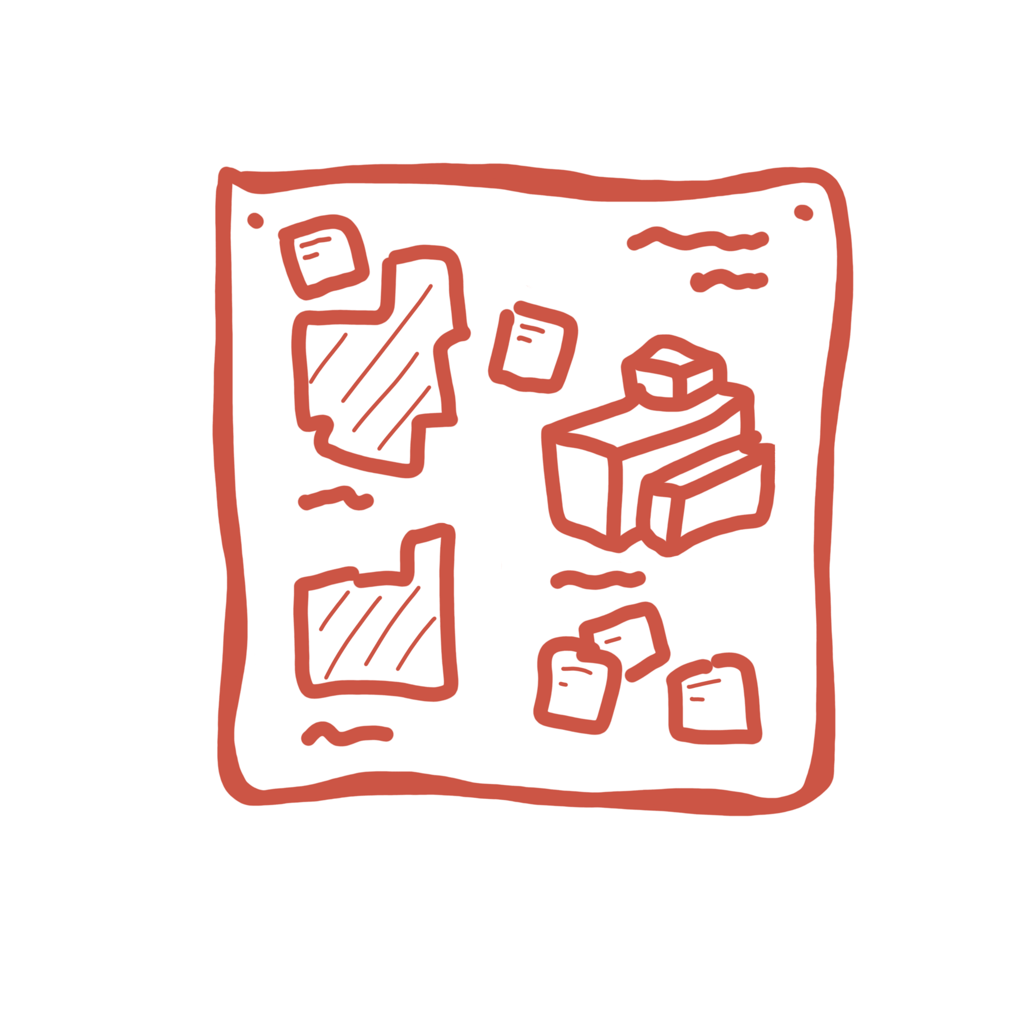 Een eenvoudige tekening van een koelkast met ijsblokjes en een spiegel op de deur.