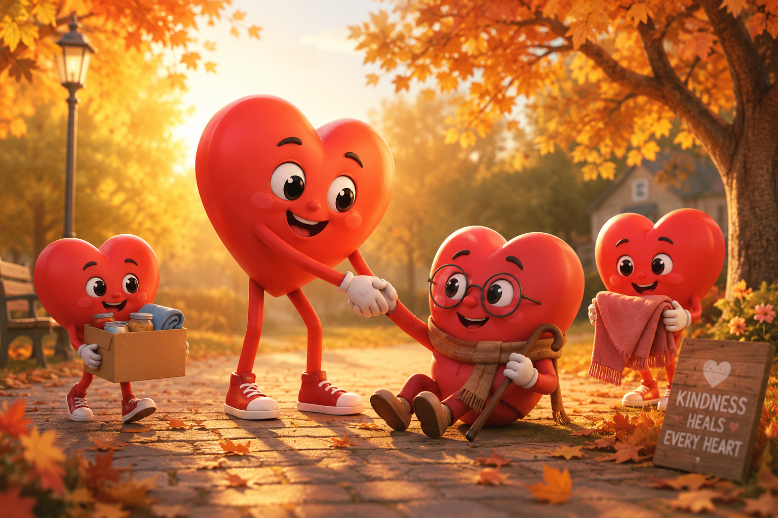 Animated hearts in a park during autumn, with four characters: a large heart shaking hands with an elderly heart wearing glasses and holding a cane, a heart holding a box of jars, and another heart holding a blanket, near a sign that says 'Kindness heals every heart'.