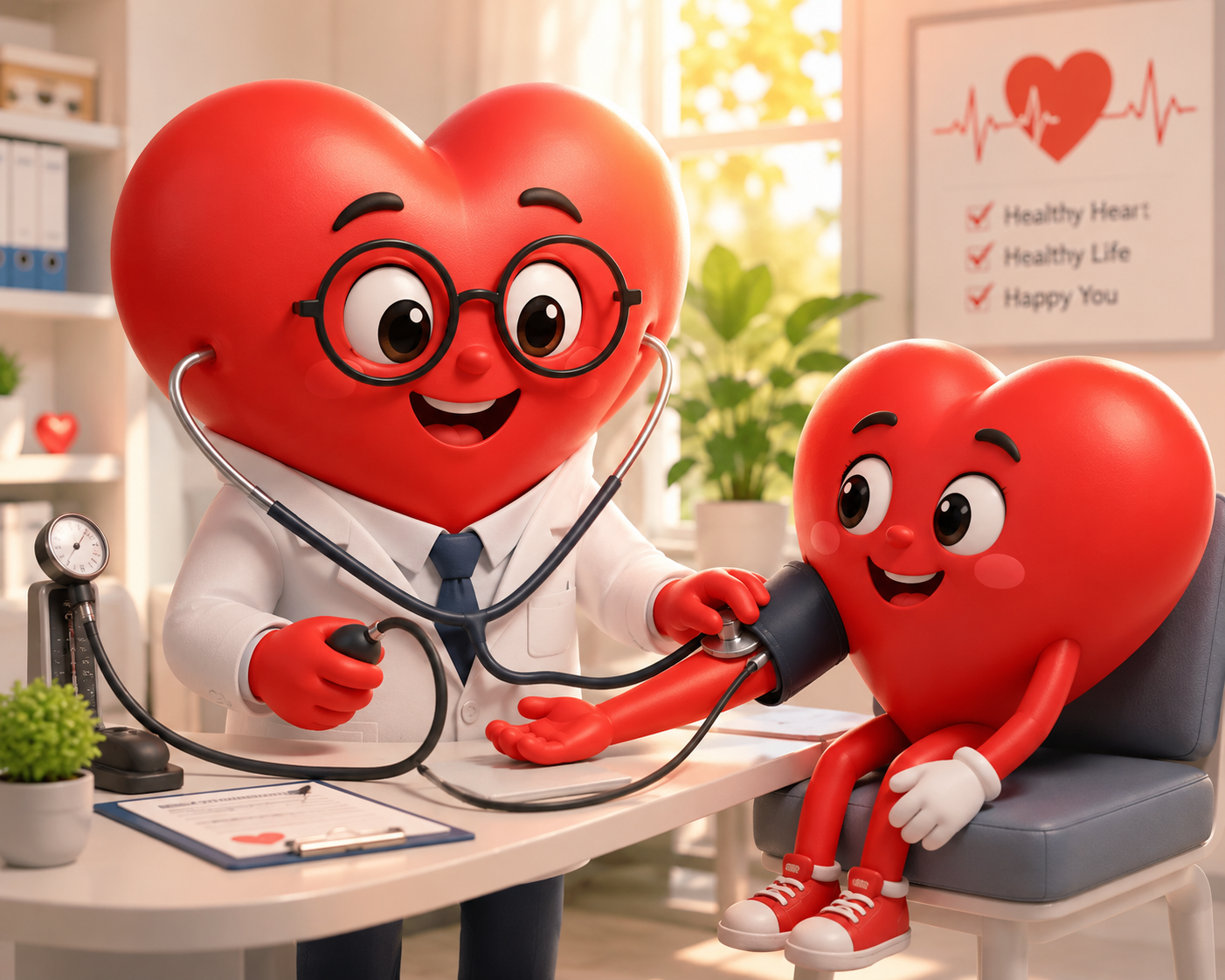 Animated heart characters at a doctor's office, one dressed as a doctor checking the other's blood pressure, with a health poster in the background.