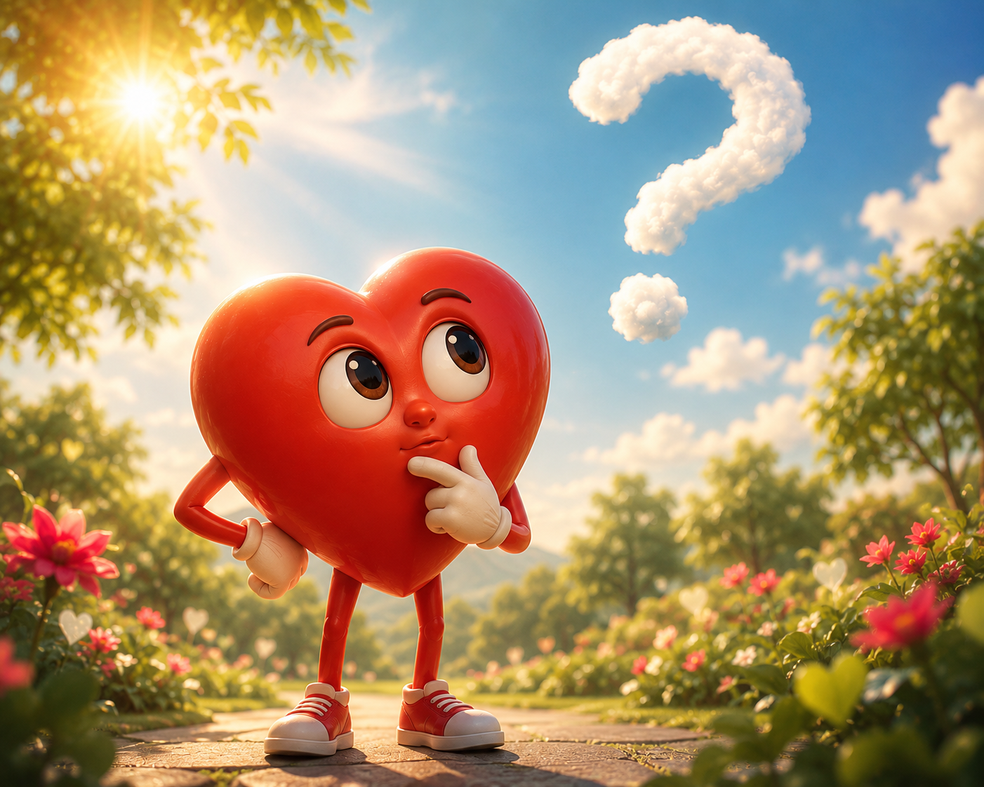Cartoon heart character with human features, standing on a path in a garden, thinking with a finger on its chin under a sky with a cloud shaped like a question mark.
