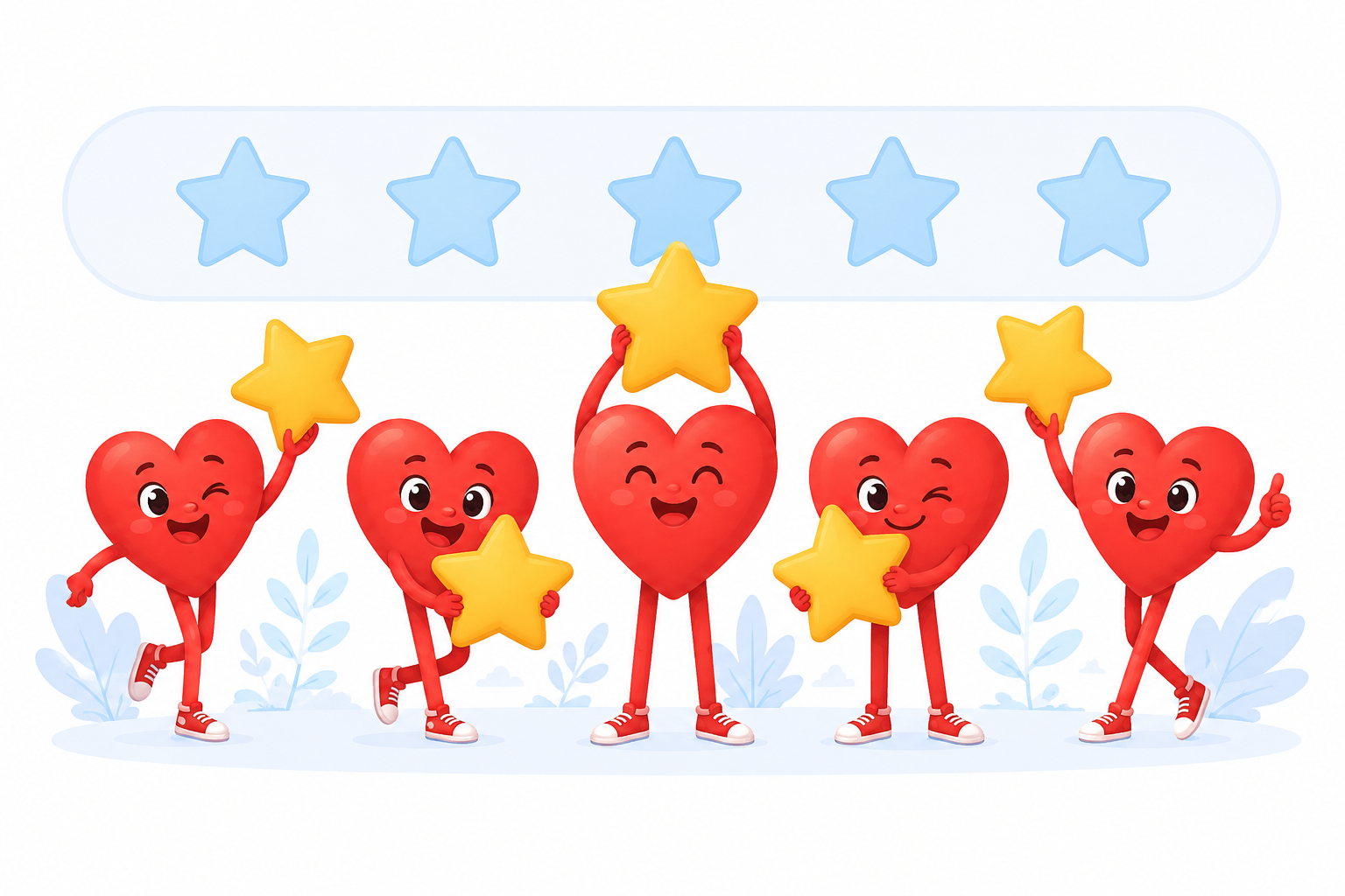 Five cartoon hearts with arms and legs holding yellow stars, standing in front of a five-star rating scale.