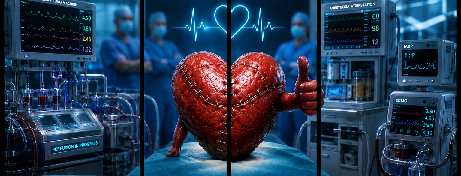 A large anthropomorphic heart character with stitched scars and a thumbs-up gesture, standing in a hospital operating room with medical monitors and doctors in the background.