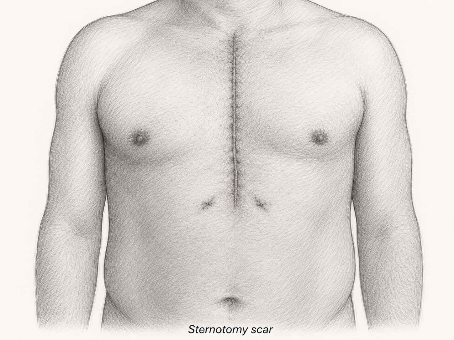 Front view of a male torso with a scar along the midline of the chest titled 'Sternotomy scar'.