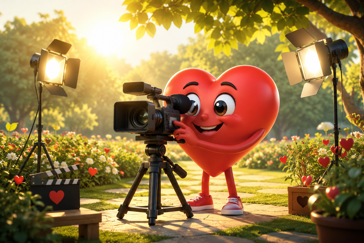 A cartoon heart character with big eyes and a smile, holding a video camera, filming outdoors in a garden with flowers, trees, and sunny sky, with studio lights on either side.