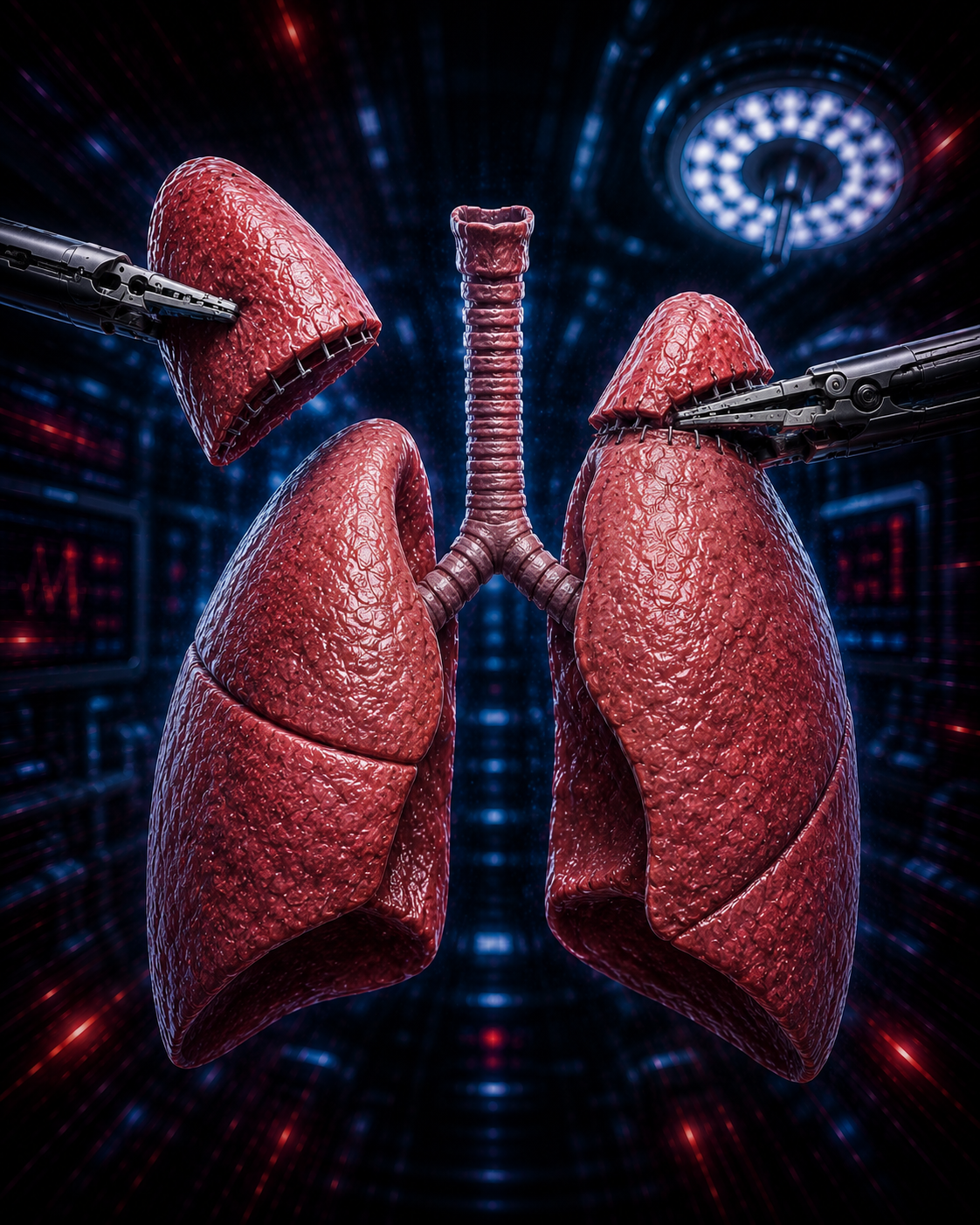 Digital illustration of human lungs with robotic surgical tools attached, set against a high-tech background.