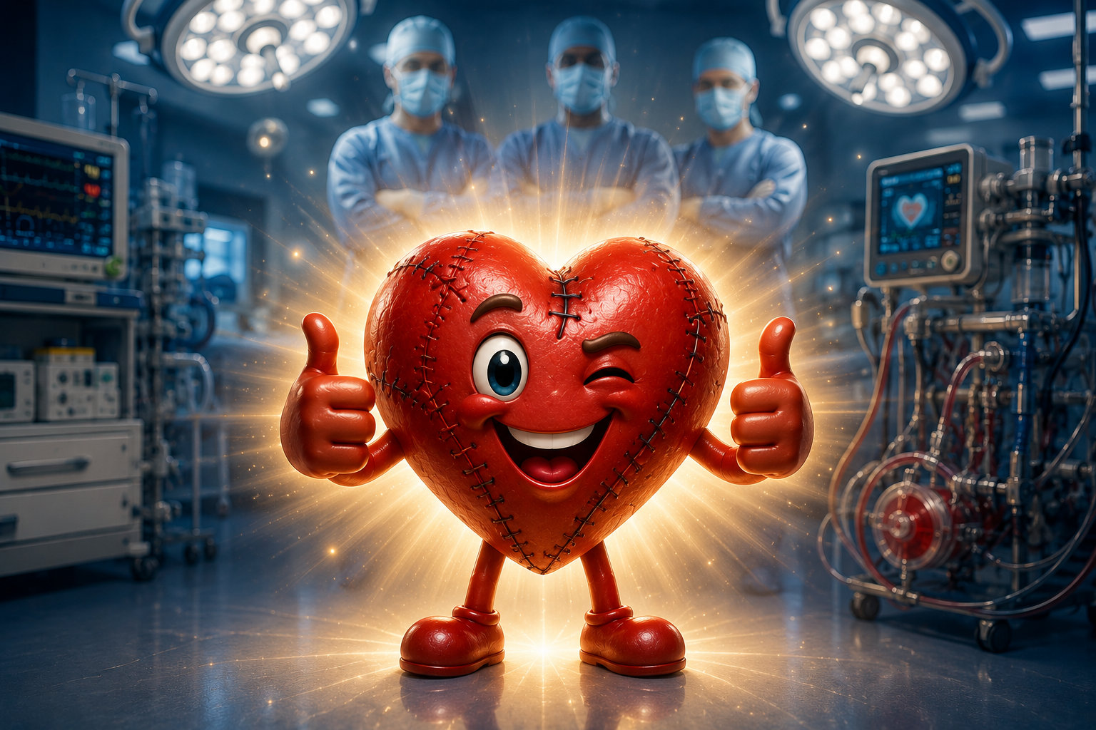 A cartoon heart character with a smiling face, winking, giving two thumbs up, standing in a hospital operating room with medical staff and equipment in the background.