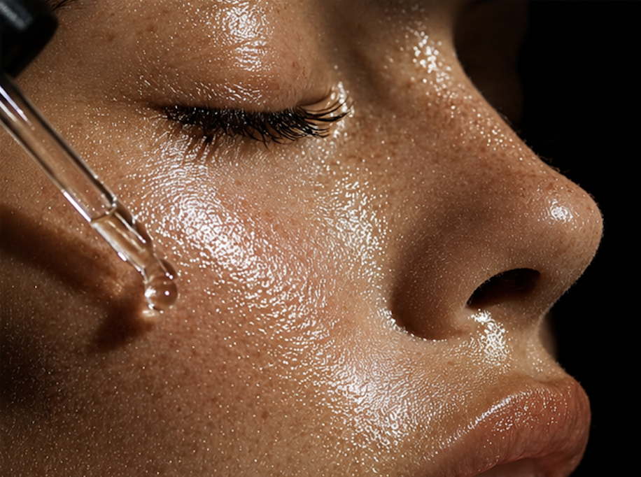 Skincare serum being applied to the face for hydrated, glowing skin.